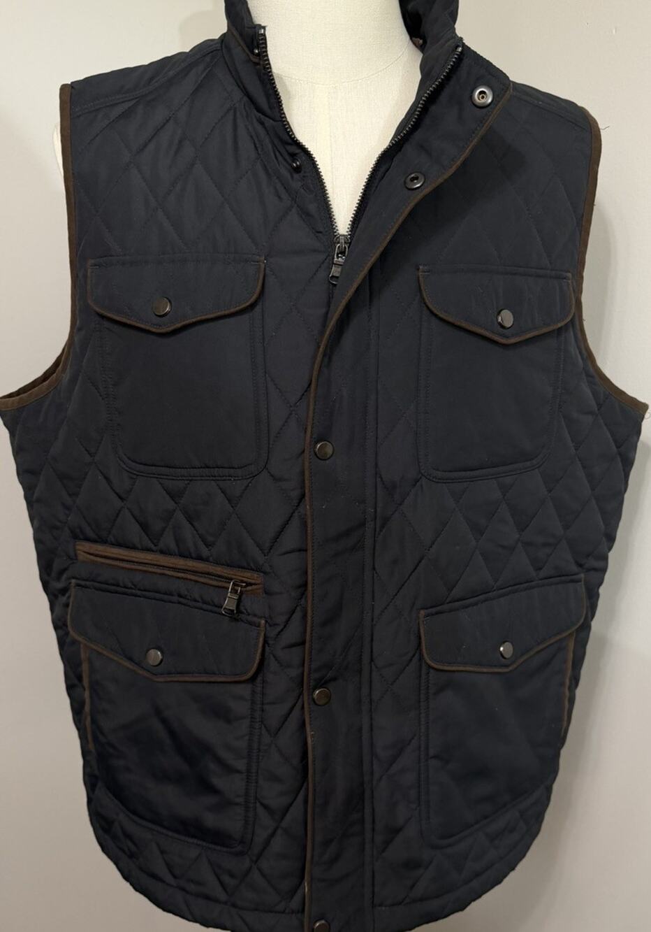 Jos A Bank Reserve Quilted Vest Full Zip Blue Navy Brown Pockets Mens XL